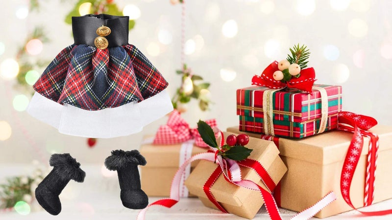 E-TING Santa Clothing Red-Blue Plaid Dress with Boots for elf Doll Christmas Decoration - Image 3